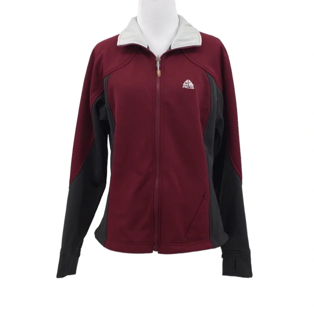 Nike ACG‎ Thermal Layer 2 Red Gray Fleece Jacket Womens Medium Thumbhole Zip Up